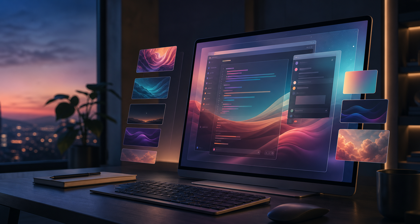 Codex Dream Skin custom theme studio visual with a desktop coding workspace and wallpaper templates